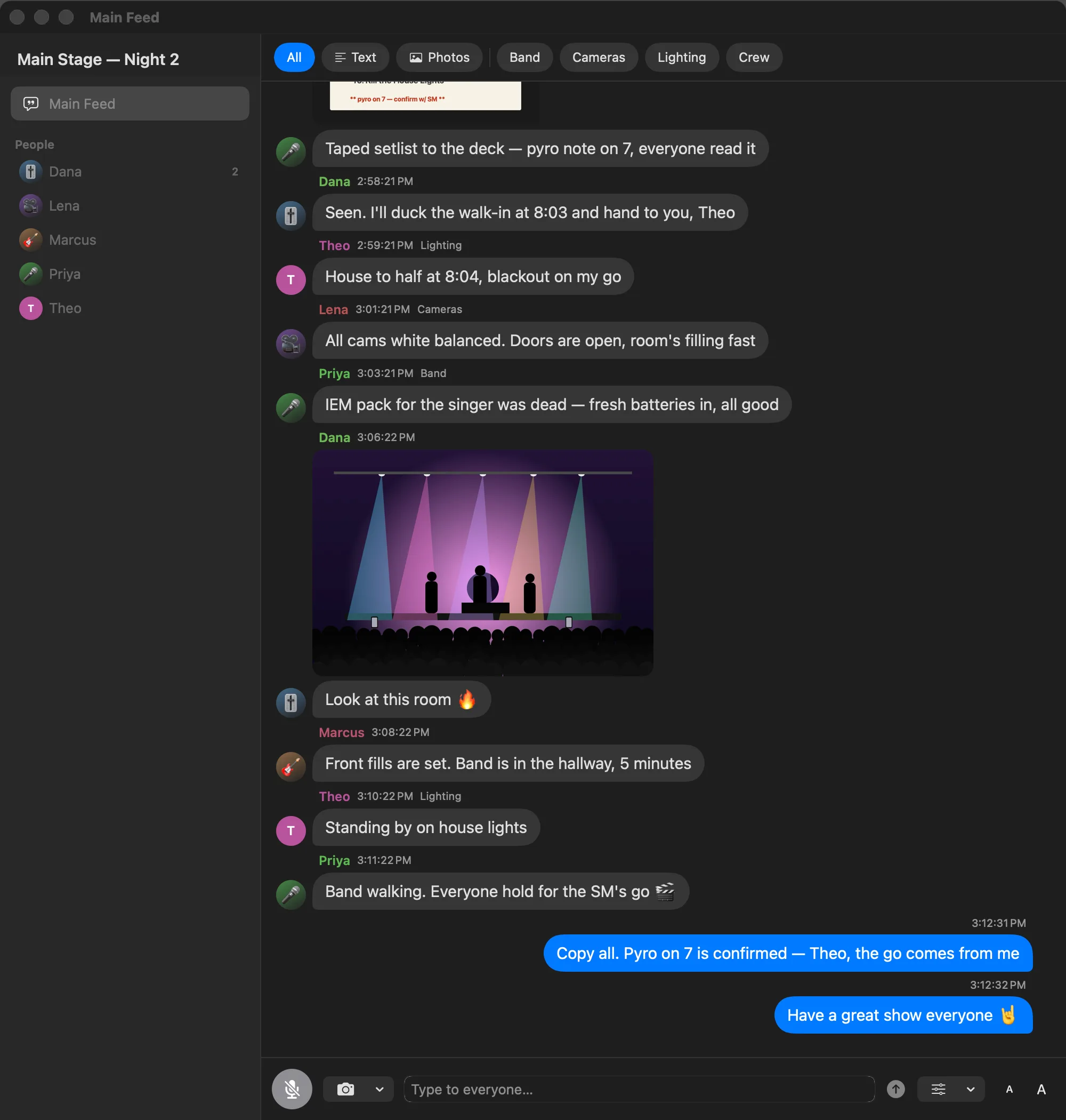 The Gainware Chat™ Mac app: a live show feed with channel filters, per-person messages, and a photo posted mid-set
