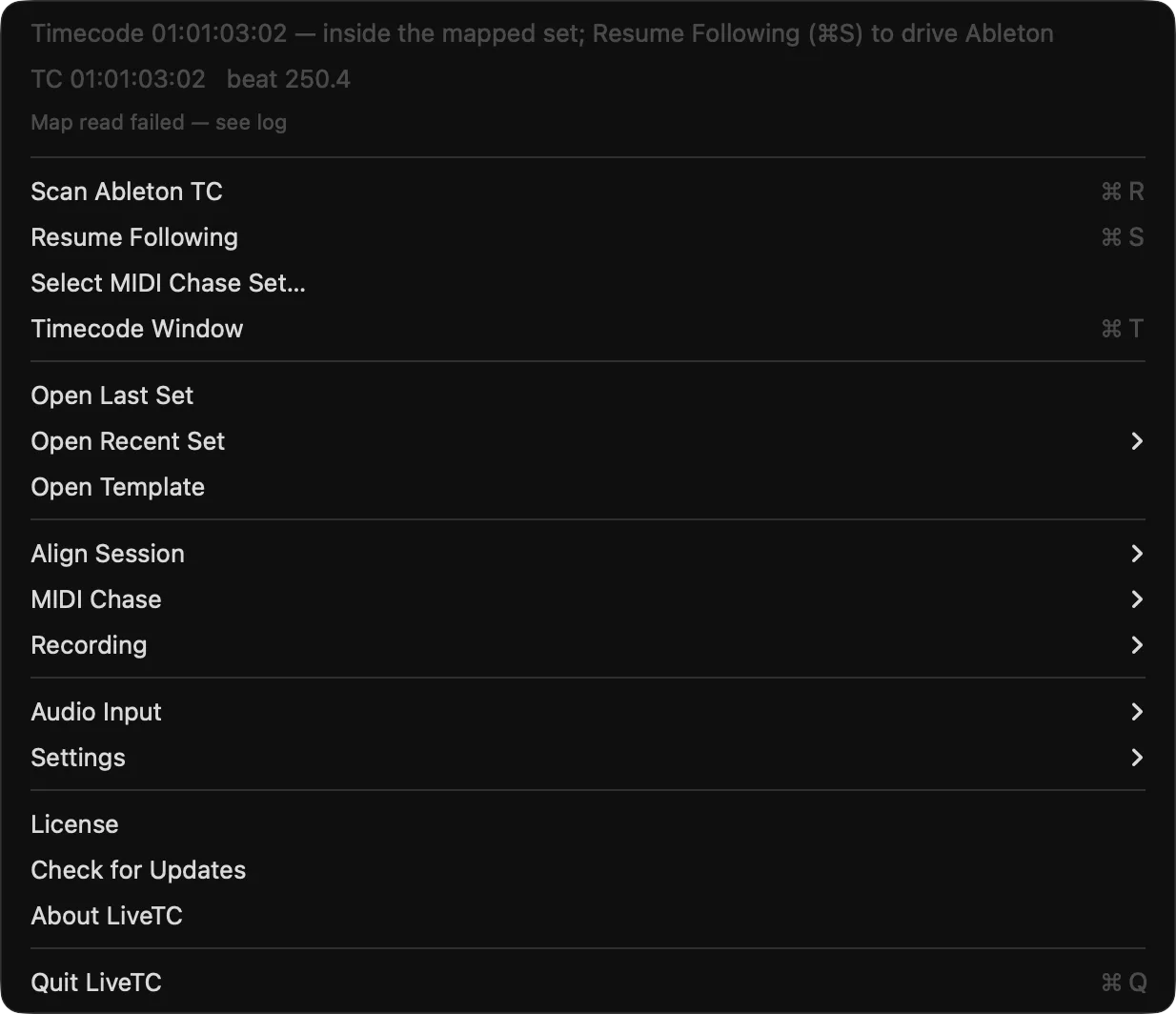 The LiveTC™ menu bar menu: live timecode and beat readout, Scan Ableton TC, Resume Following, Timecode Window, Align Session, MIDI Chase, Recording, Audio Input, and Settings