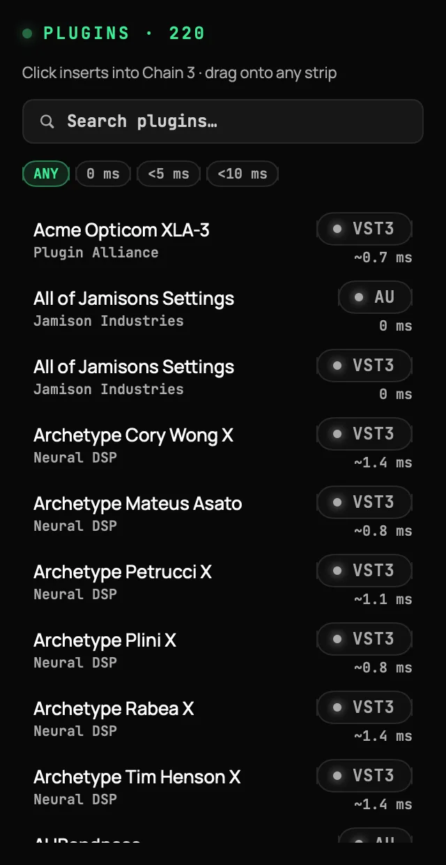 The LiveRack™ plugin browser: a searchable list of installed AU and VST3 plugins with a measured latency badge on each and filters for zero, under five, and under ten milliseconds