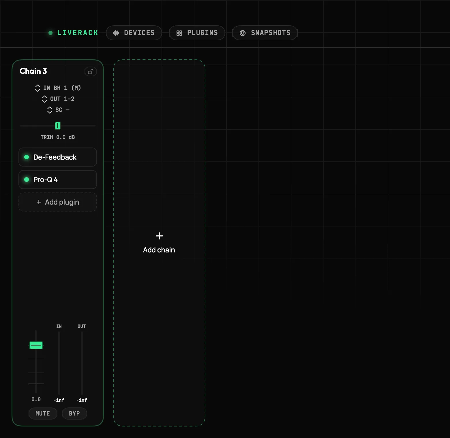 The LiveRack™ main window: a channel strip with input routing, trim, two plugin slots, an output fader with meters, and an empty slot for the next chain