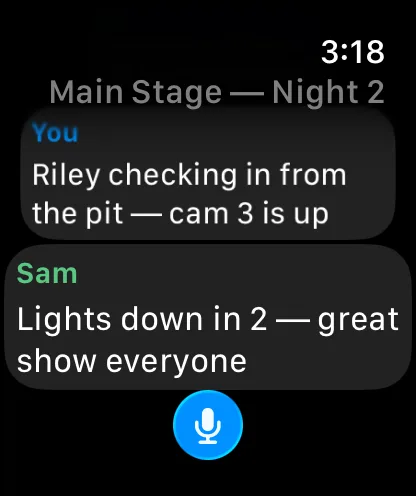 Gainware Chat™ on Apple Watch: the last two crew messages with a dictation button to talk back from your wrist
