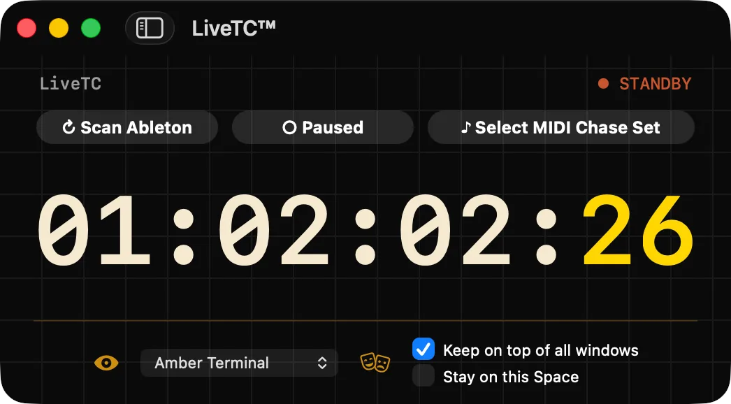 The LiveTC™ timecode window in the Amber Terminal theme