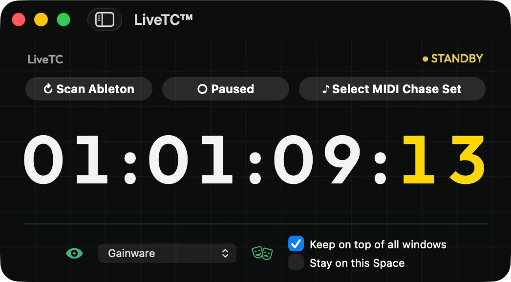 The LiveTC™ timecode window: a large 01:01:09:13 readout with a STANDBY indicator, Scan Ableton and Select MIDI Chase Set controls, and keep-on-top options