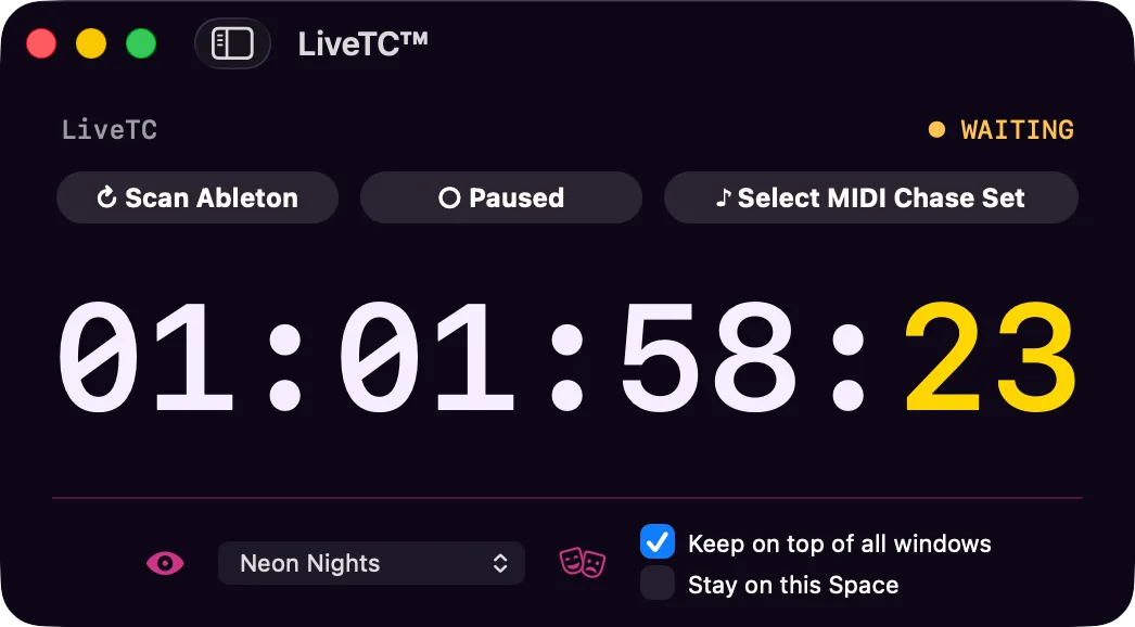 The LiveTC™ timecode window in the Neon Nights theme, showing 01:01:58:23 with a WAITING indicator